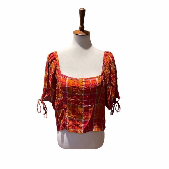 Arizona Jean Co plaid Smocked Crop Top large xl - Picture 1 of 11
